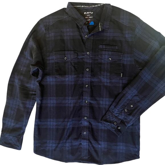 KAVU Lorenzo Blue Black Plaid Flannel Shirt Mens Large Button Down Gorpcore Soft - Picture 1 of 10